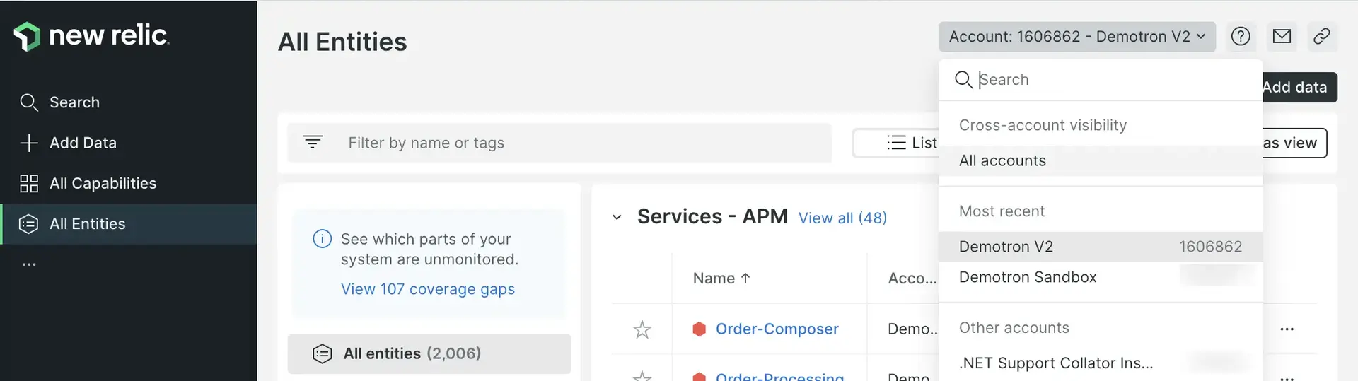 New Relic account switcher New Relic account switcher