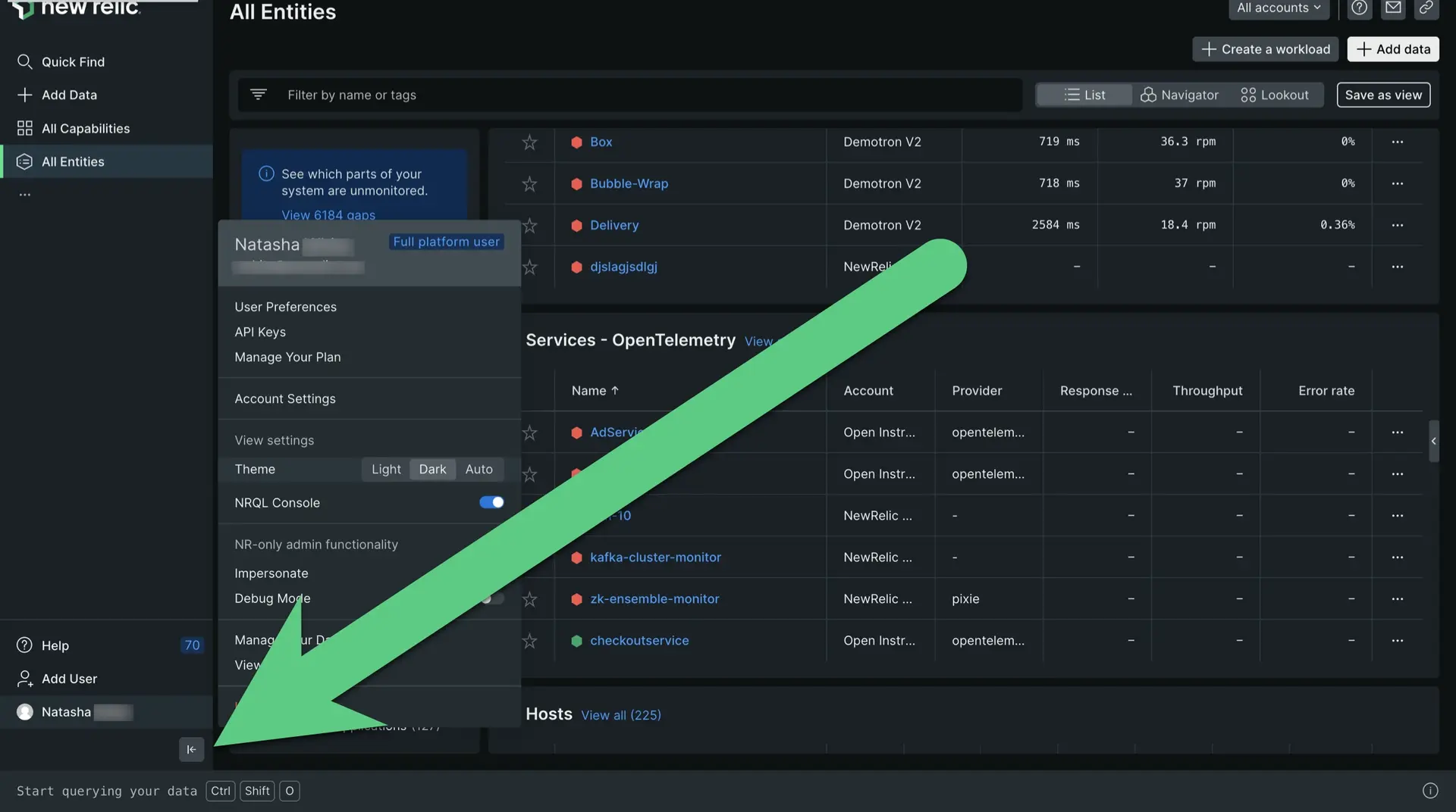 the location of the New Relic user menu the location of the New Relic user menu