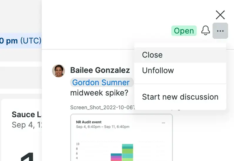 Close and reopen discussions A screenshot of the UI that depicts closing discussions.