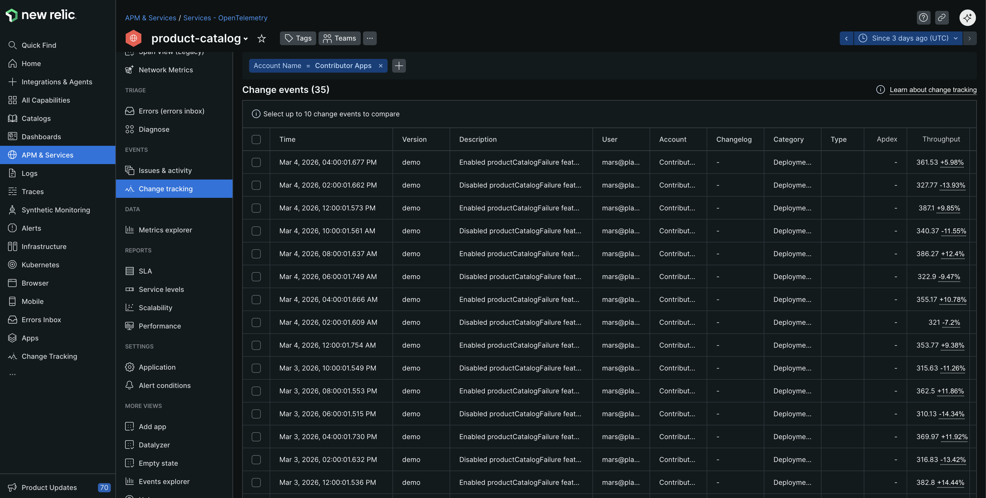 Entity-scoped view for change tracking Entity-scoped view showing change events with golden signals