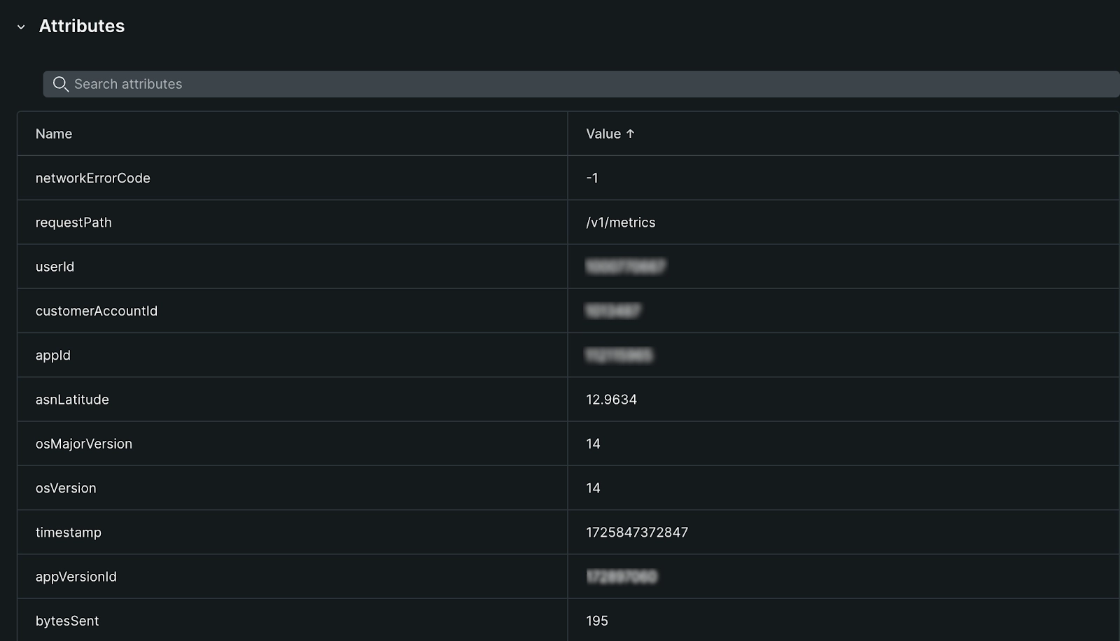 Request errors attributes Screenshot of the request errors attributes section