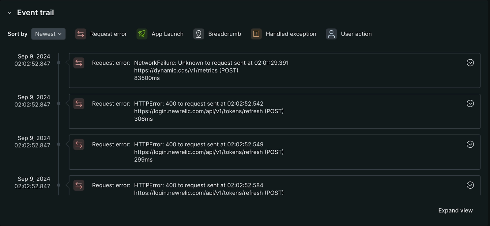 Request errors event trail Screenshot of the request errors event trail section