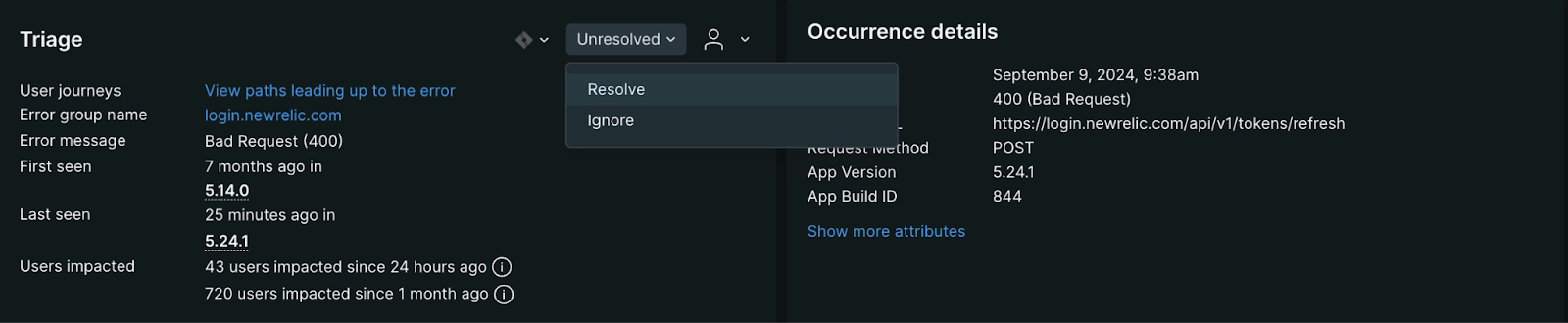 Request errors triage page Screenshot of the request errors triage page