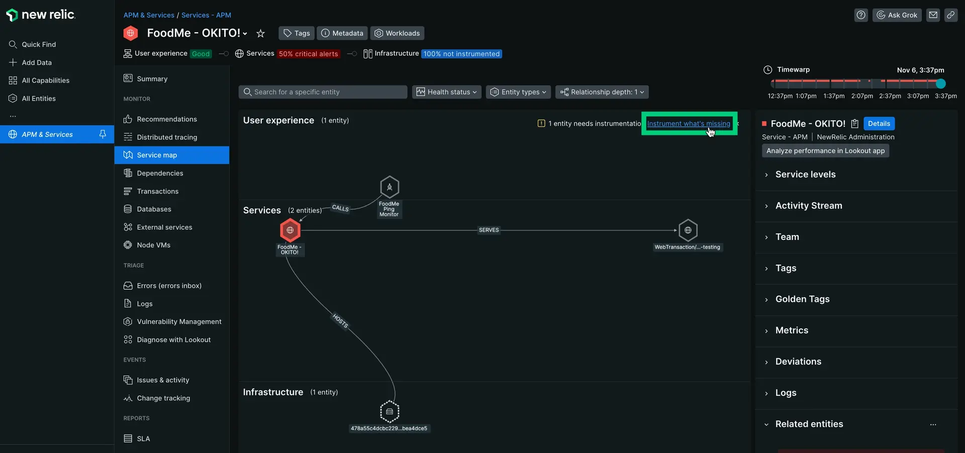 uninstrumented entity service map.png An example of a service map having the instrument option.