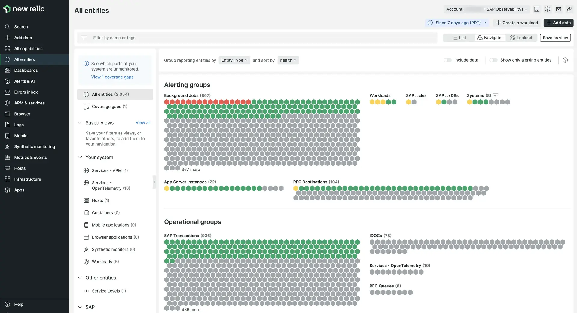 SAP observability in New Relic Screenshot of SAP observability UI in New Relic