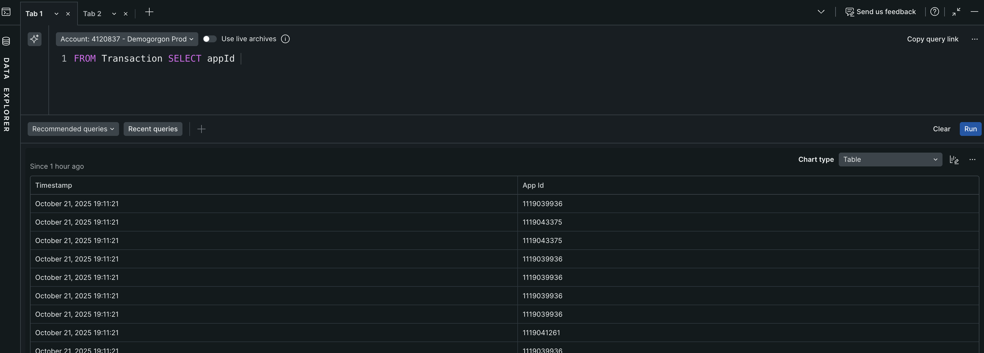 basic_nrql_example.png A screenshot of a basic NRQL query, From Transaction Select appId