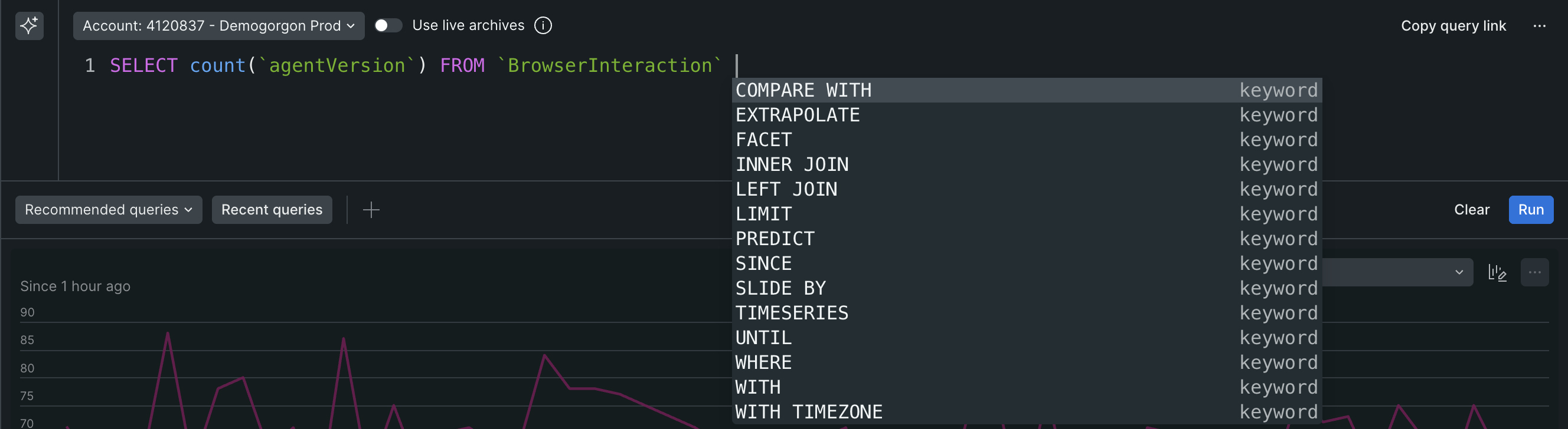 Querying area in the Metrics and events view Querying area in the Metrics and events view