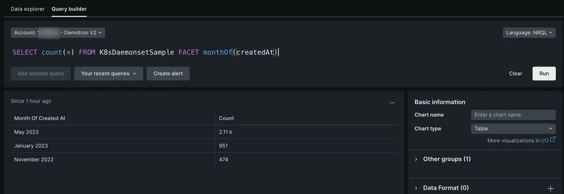 NRQL facet by time A screenshot displaying a NRQL query faceted by time